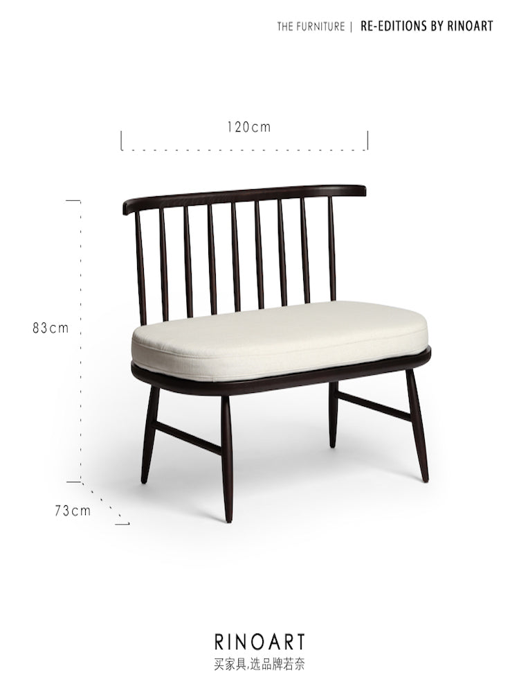CH086 - Cream Linen Wooden Sofa: Three-seater, Curved, Bedroom Bench