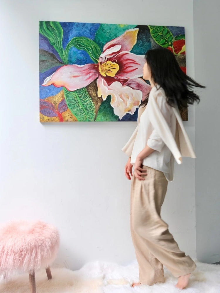 AH116 - Hand-Painted "Iris" Thick Oil Painting Colorful Living Room Bedroom Wall Art