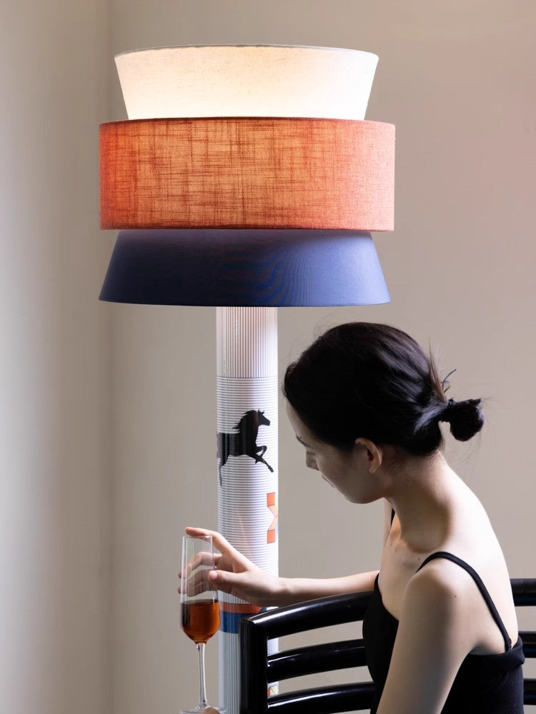 LA047 - HERM@S Classic Linen Blue Orange Spliced Floor Lamp Mesh Printing 3-color Light Study Living Room Bedroom