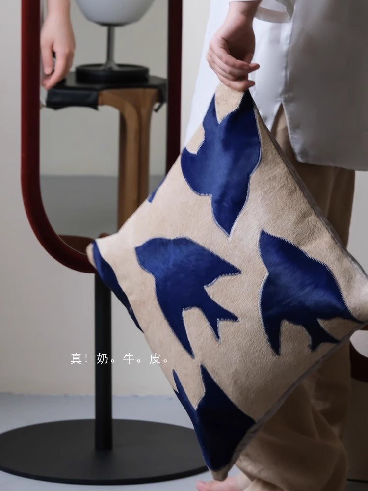BD067 - Genuine Cowhide from Ruonai! "Klein Blue/Peace Dove" Hand-Sewn Leather Pillow