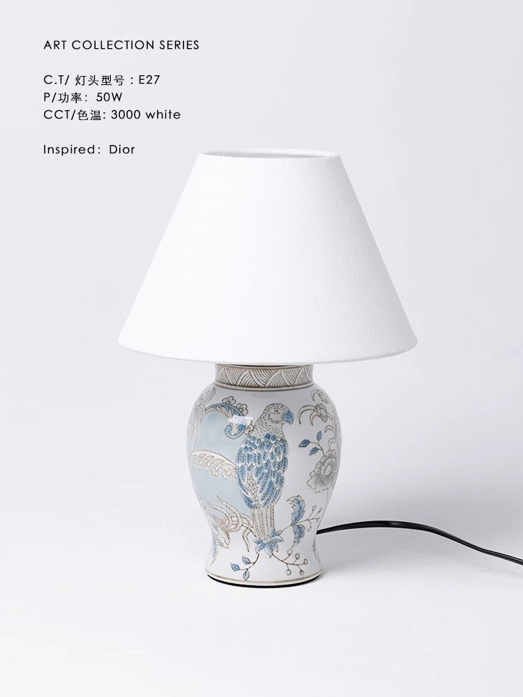 LA048 - Study Series Oriental Paris Hand-painted Ceramic Parrot Blue Study Bedroom Table Lamp Bedside Lamp